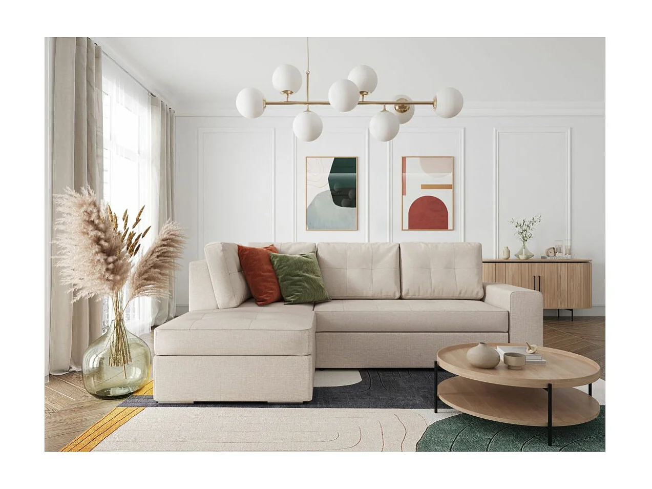 Canapé d'angle gauche 3 places convertible Aden avec coffre en tissu - Beige - L246 x P174 x H96cm - Loungitude