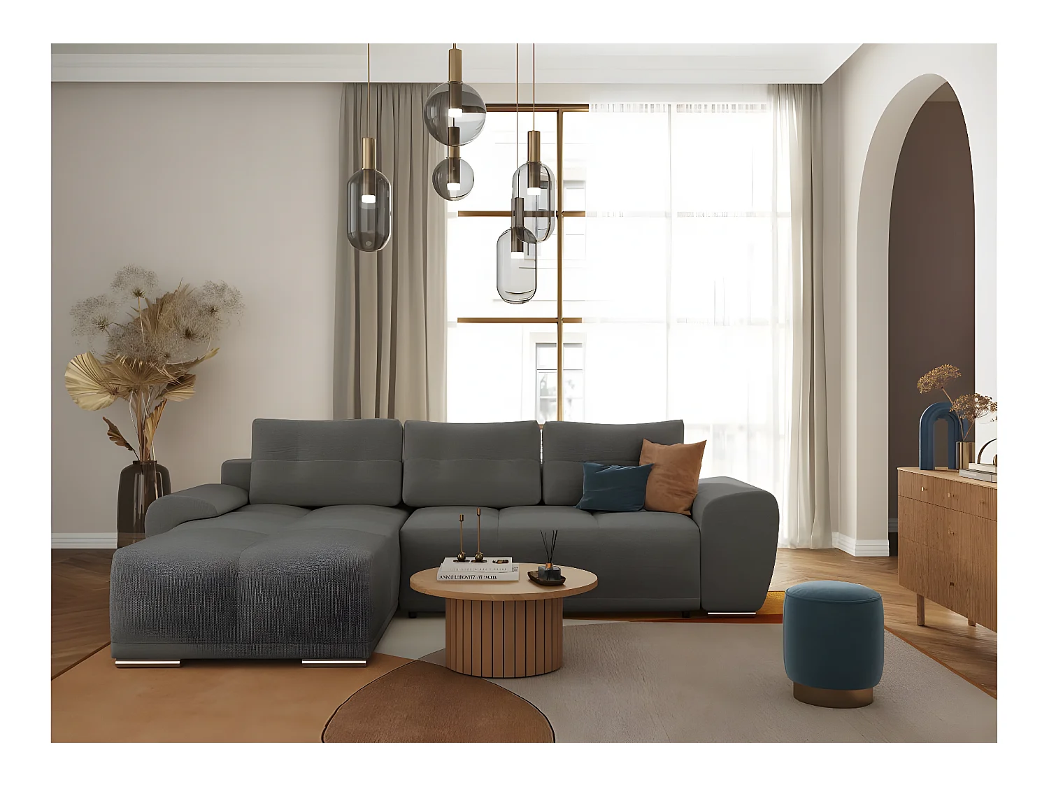 Canapé d'angle gauche 4 places convertible Cassandra avec coffre en tissu - Gris - L270 x P181 x H89cm - Loungitude