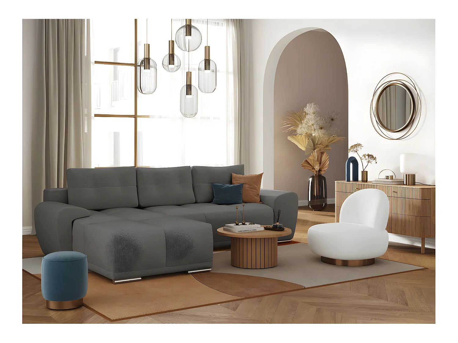 Canapé d'angle gauche 4 places convertible Cassandra avec coffre en tissu - Gris - L270 x P181 x H89cm - Loungitude