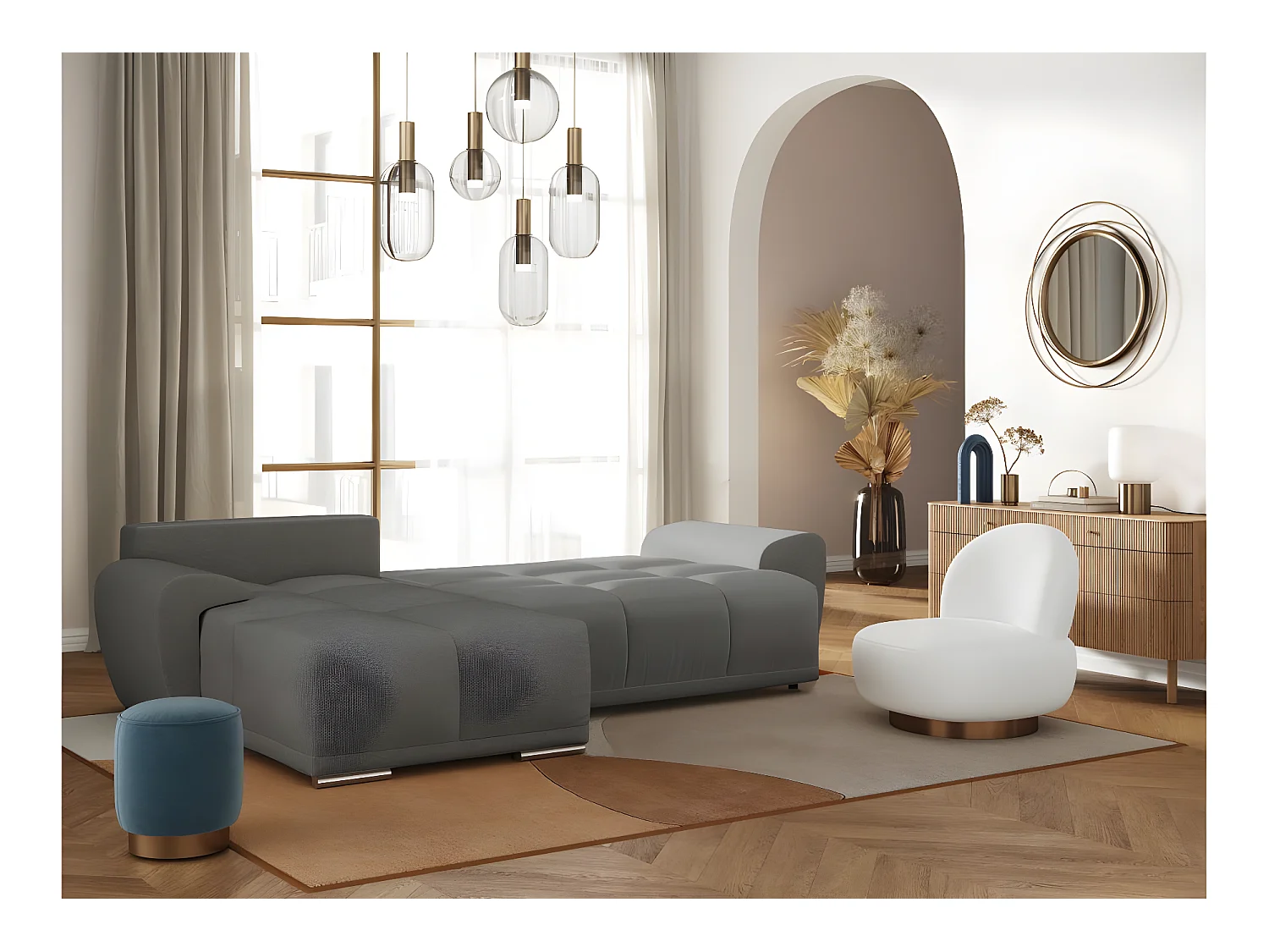 Canapé d'angle gauche 4 places convertible Cassandra avec coffre en tissu - Gris - L270 x P181 x H89cm - Loungitude