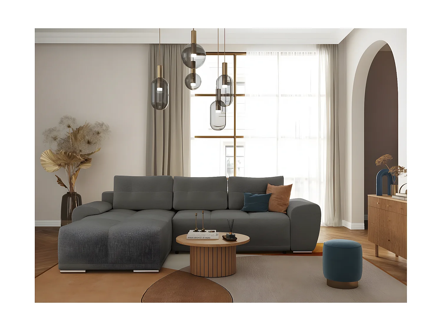 Canapé d'angle gauche 4 places convertible Cassandra avec coffre en tissu - Gris - L270 x P181 x H89cm - Loungitude