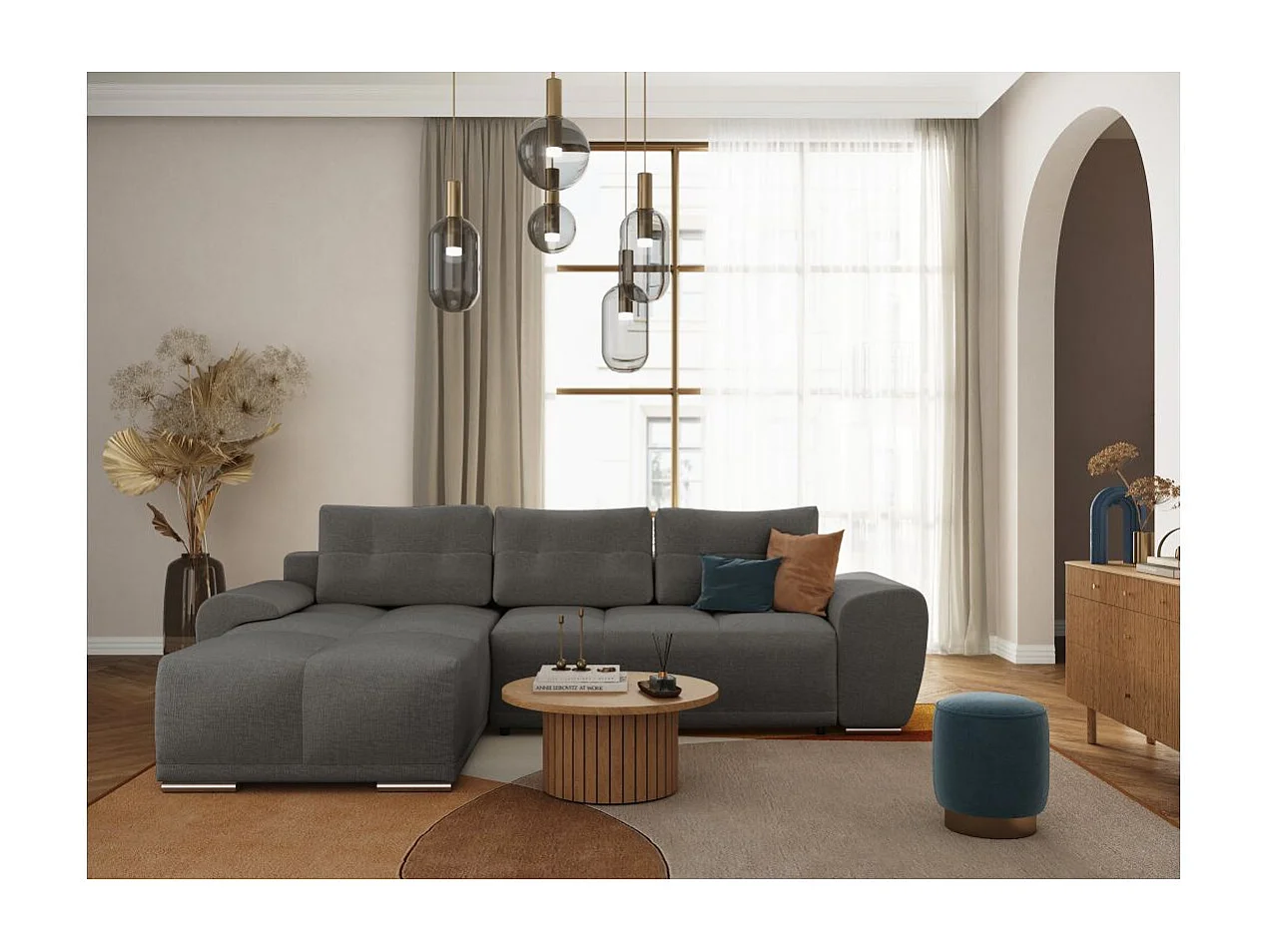 Canapé d'angle gauche 4 places convertible Cassandra avec coffre en tissu - Gris - L270 x P181 x H89cm - Loungitude