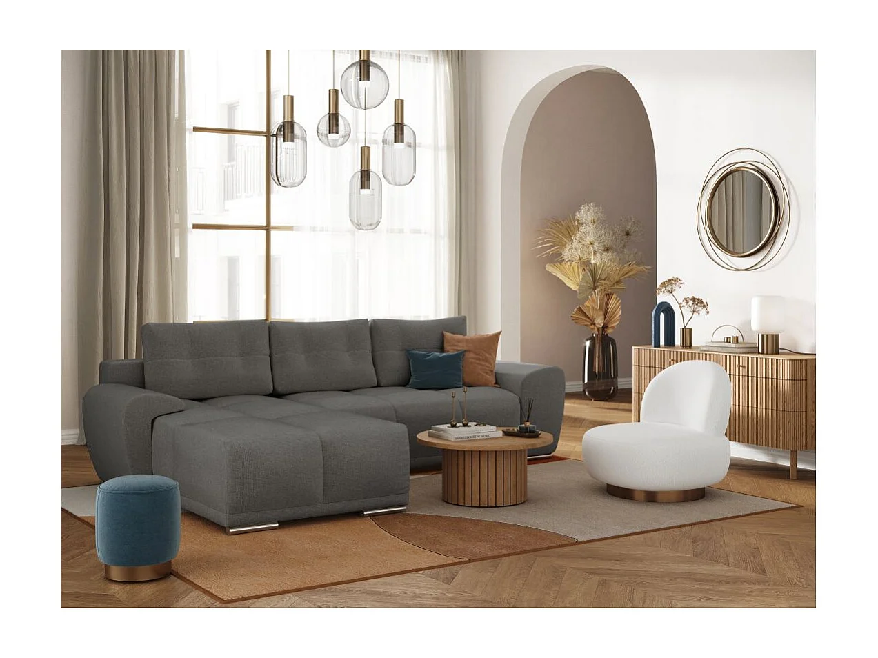 Canapé d'angle gauche 4 places convertible Cassandra avec coffre en tissu - Gris - L270 x P181 x H89cm - Loungitude