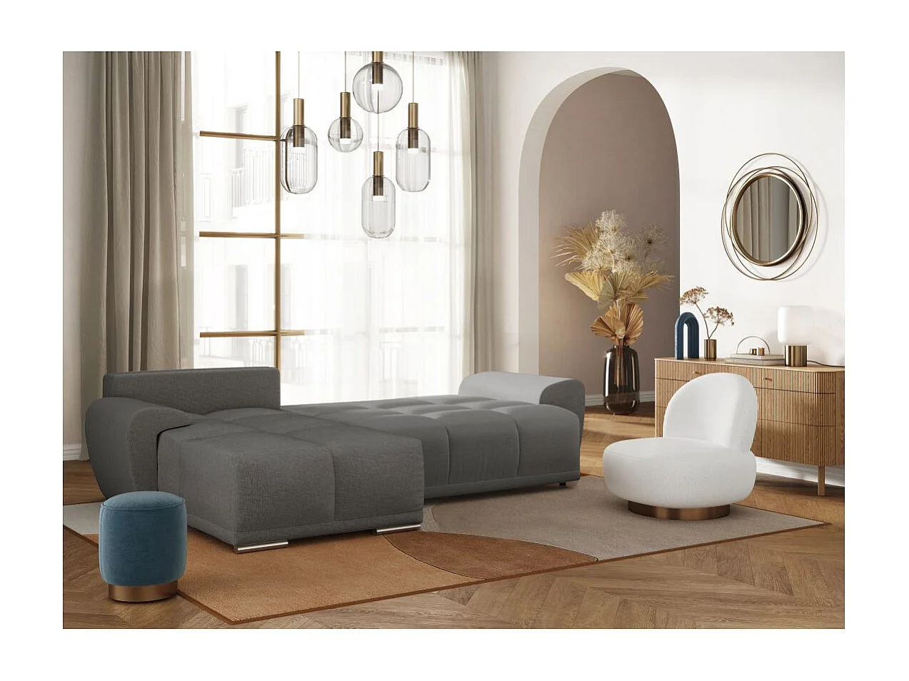 Canapé d'angle gauche 4 places convertible Cassandra avec coffre en tissu - Gris - L270 x P181 x H89cm - Loungitude