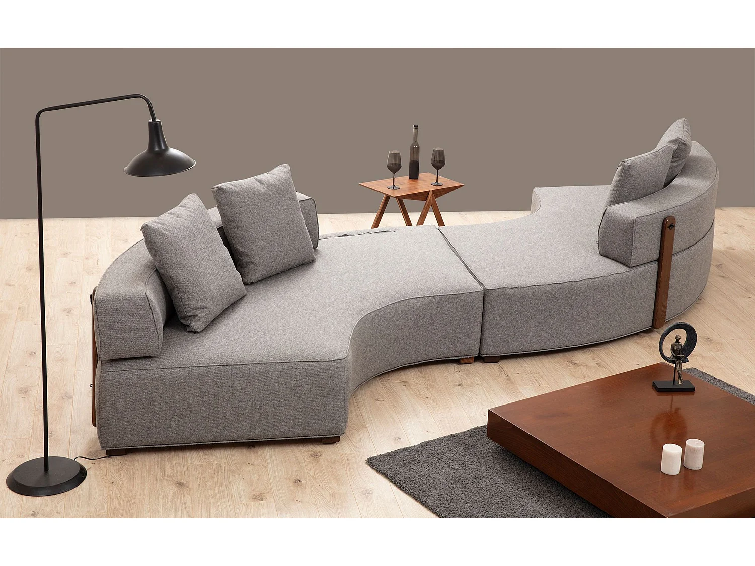 Sofá modular Altadena 447, Gris, 380x105x70cm, Tapiz, Patas: Madera