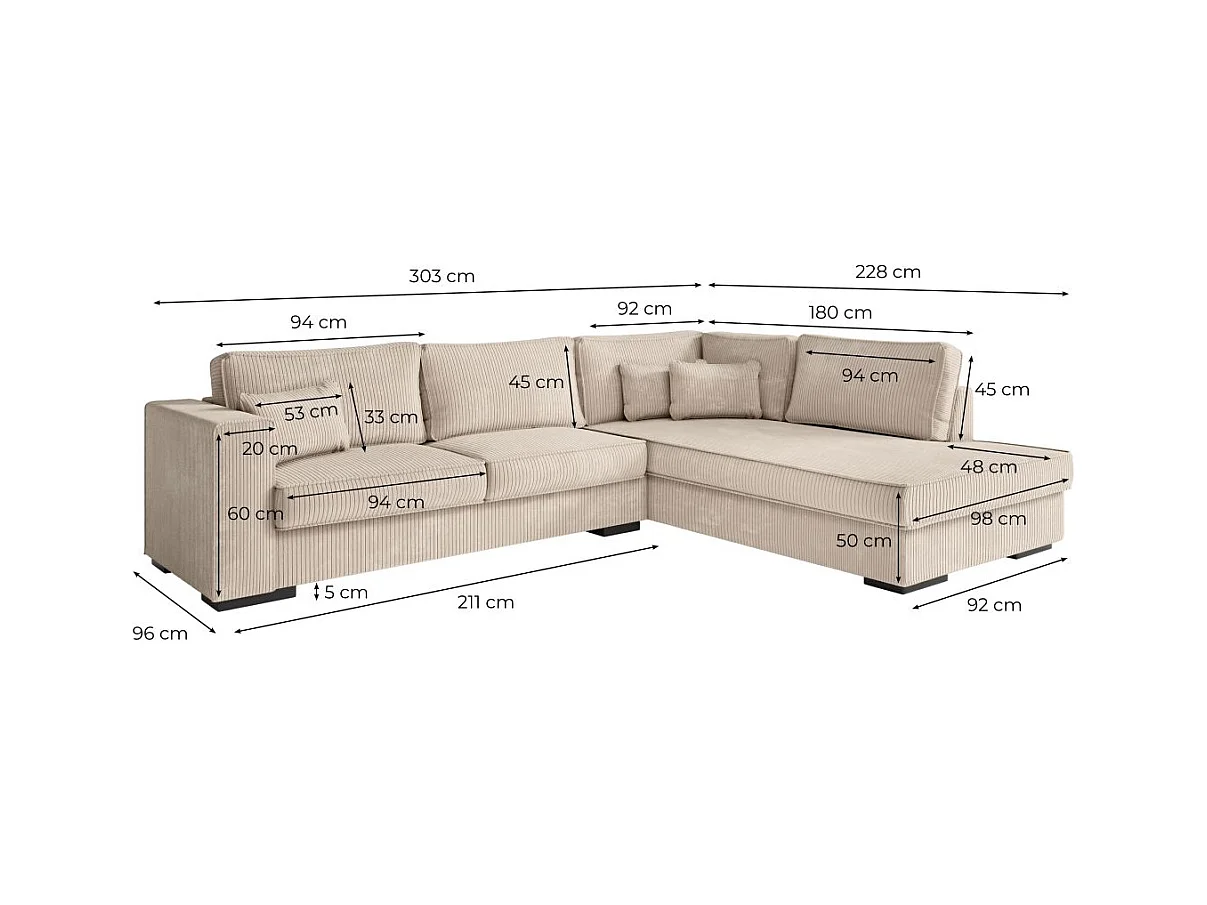 Canapé d'angle droit Belami XXL 6 places en velours côtelé - Beige - L303 x P228 x H86cm - Loungitude