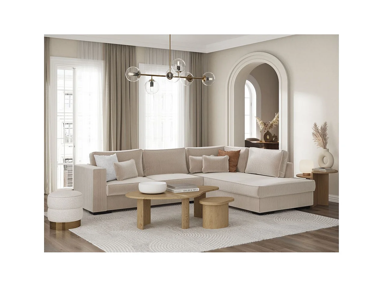 Canapé d'angle droit Belami XXL 6 places en velours côtelé - Beige - L303 x P228 x H86cm - Loungitude