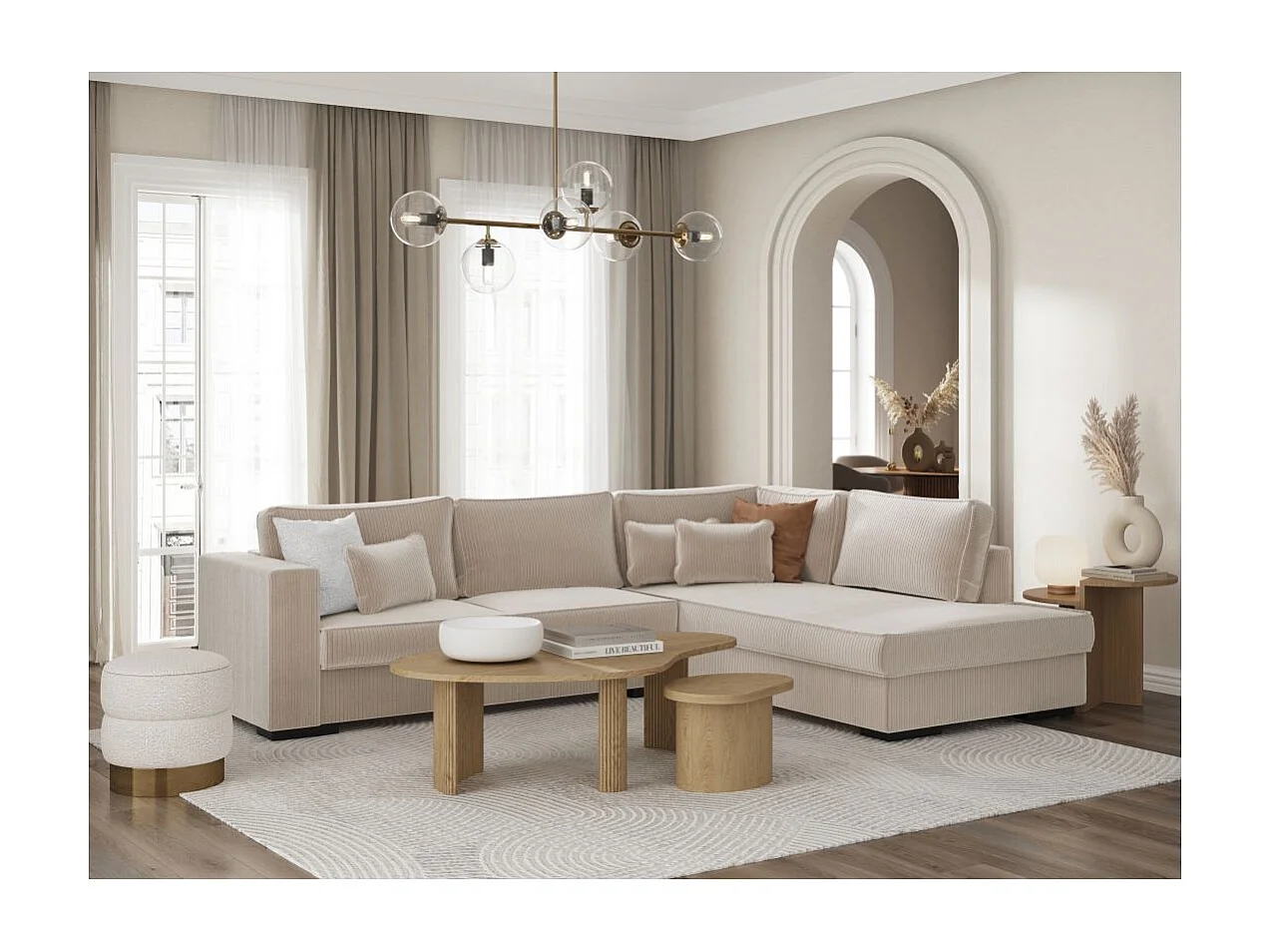 Canapé d'angle droit Belami XXL 6 places en velours côtelé - Beige - L303 x P228 x H86cm - Loungitude