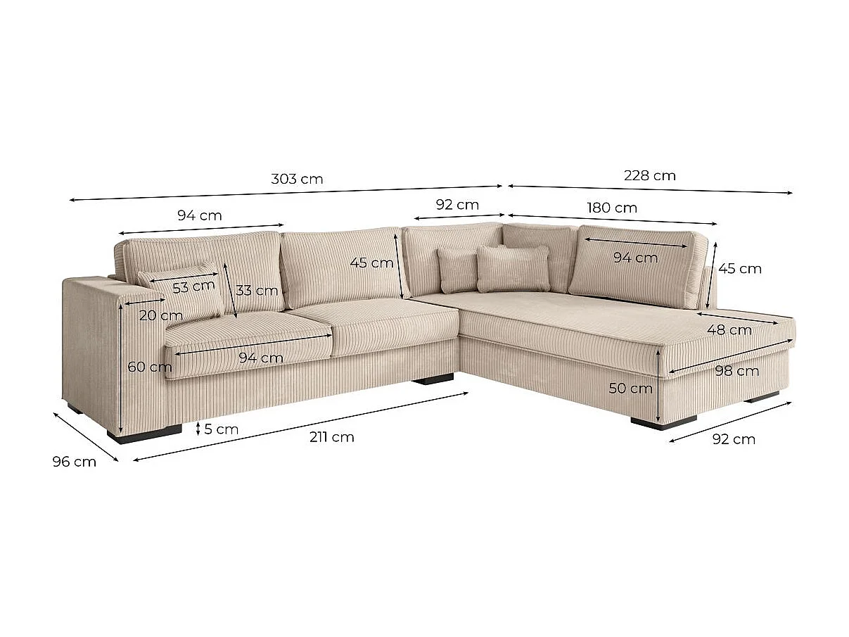 Canapé d'angle droit Belami XXL 6 places en velours côtelé - Beige - L303 x P228 x H86cm - Loungitude