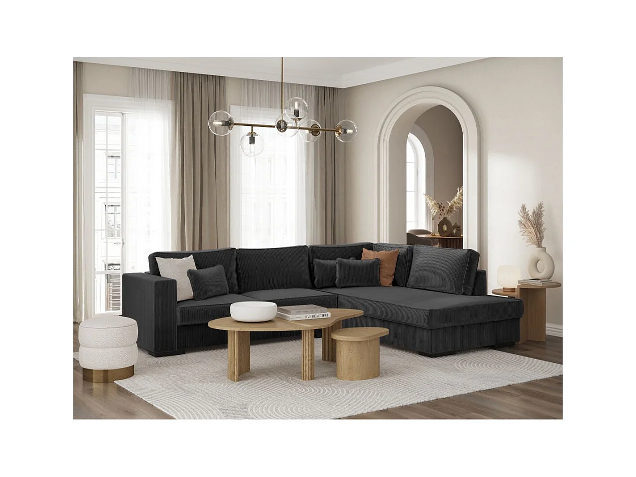 Canapé d'angle droit Belami XXL 6 places en velours côtelé - Gris anthracite - L303 x P228 x H86cm - Loungitude