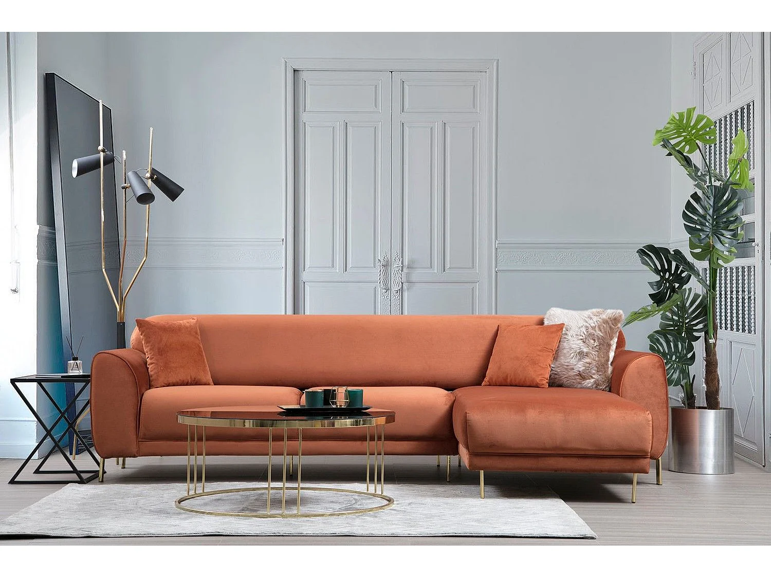 Canapé d'angle à droite Laysan Velours Cannelle