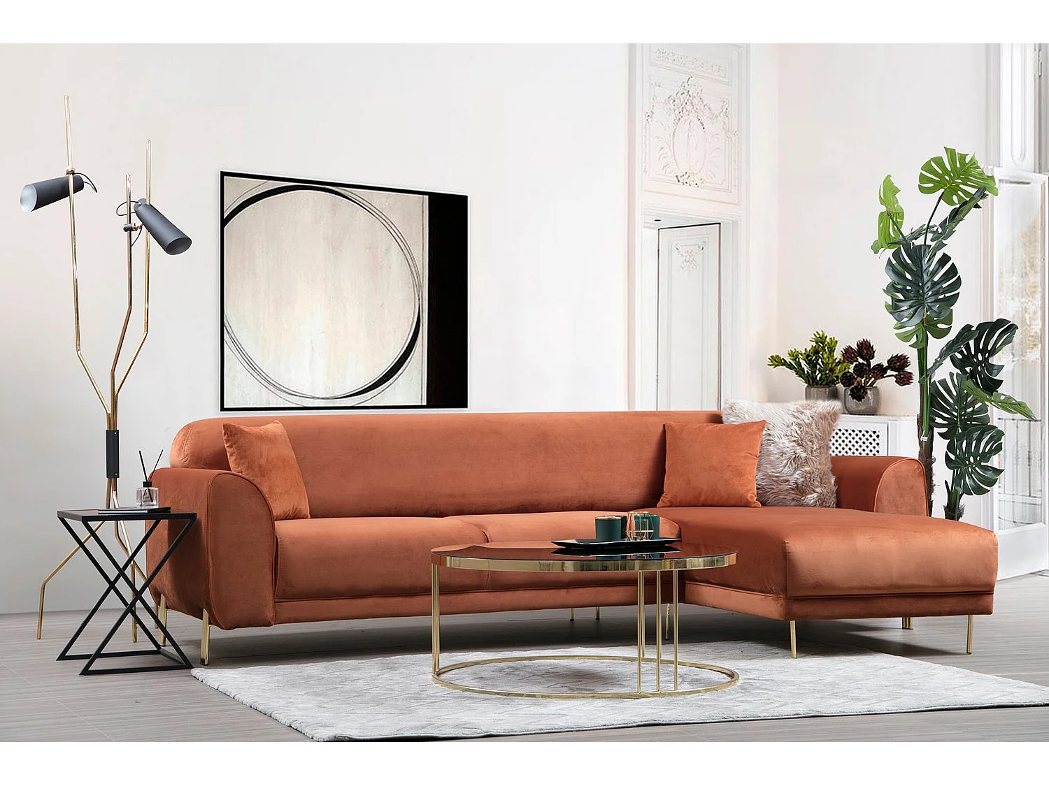 Canapé d'angle à droite Laysan Velours Cannelle