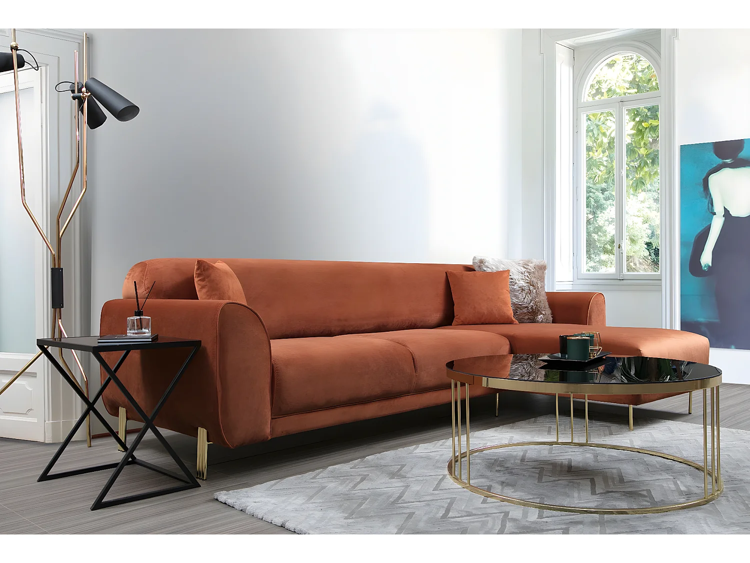 Canapé d'angle à droite Laysan Velours Cannelle