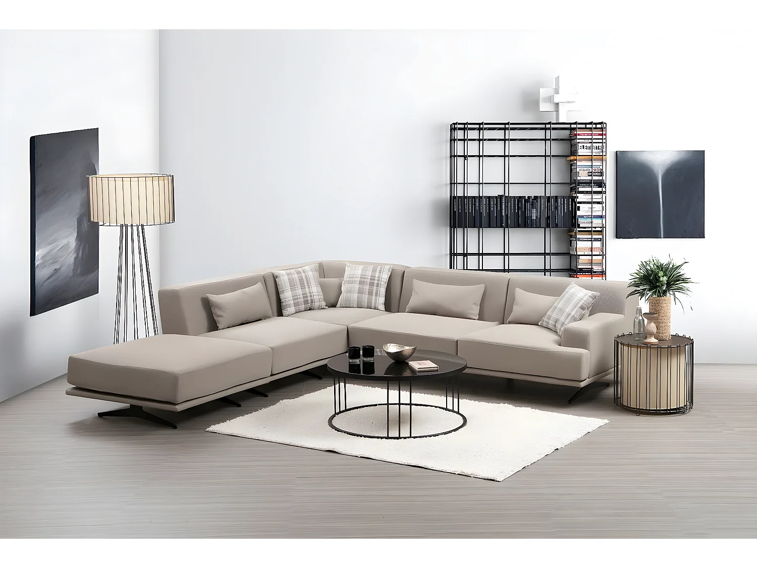 Canapé d'angle à gauche avec pouf et 3 coussins Ravina Tissu Beige