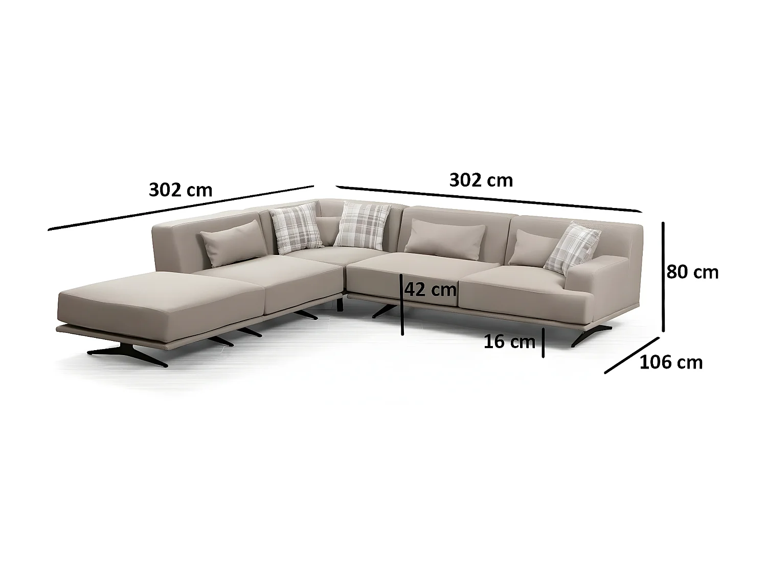 Canapé d'angle à gauche avec pouf et 3 coussins Ravina Tissu Beige