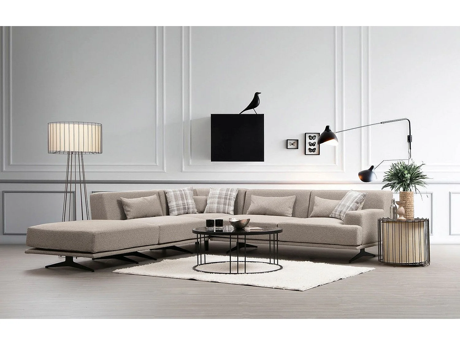 Canapé d'angle à gauche avec pouf et 3 coussins Ravina Tissu Beige