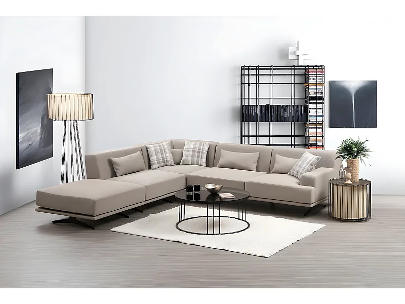 Canapé d'angle à gauche avec pouf et 3 coussins Ravina Tissu Beige