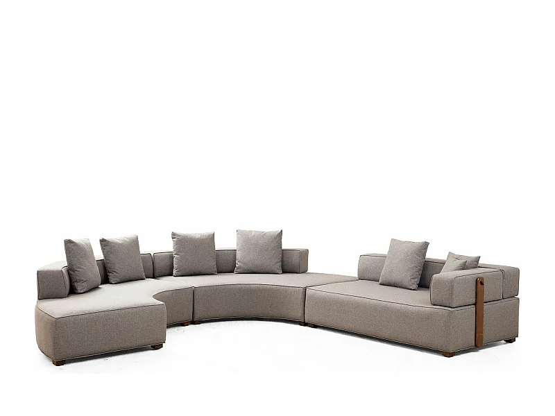 Canapé panoramique d'angle à droite 6 places Tesce Bois foncé et Tissu Gris