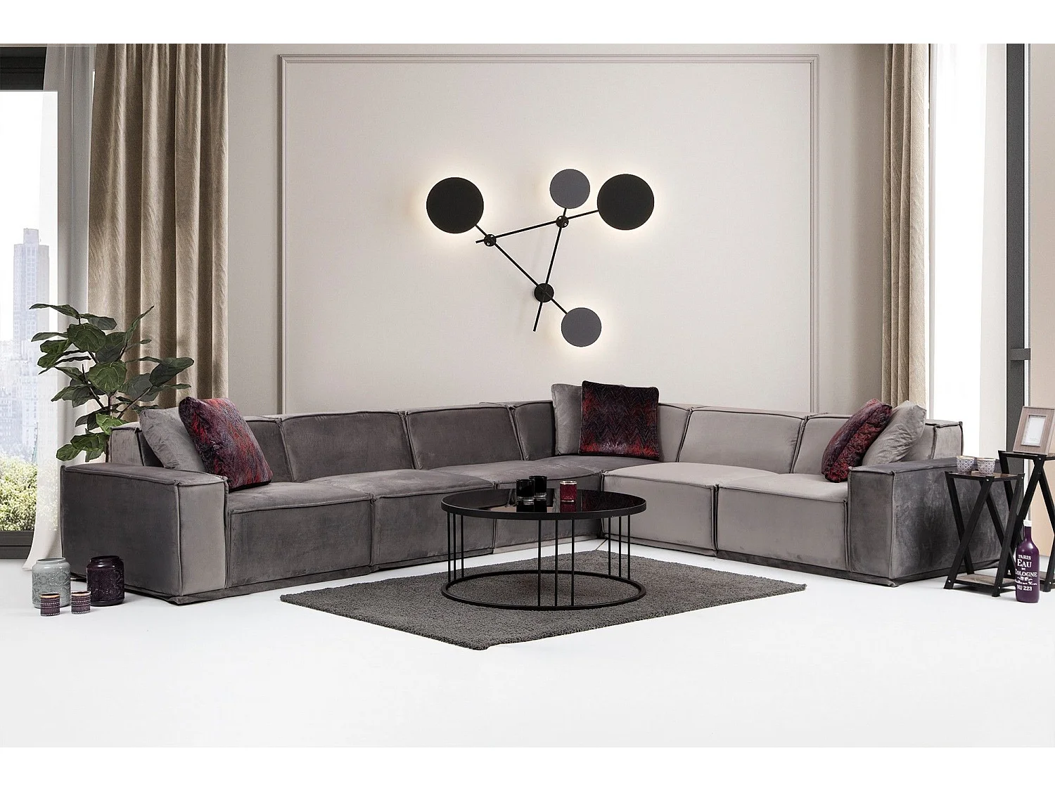 Canapé d'angle à droite 5 places modulable avec 4 coussins Buhaj Velours Gris