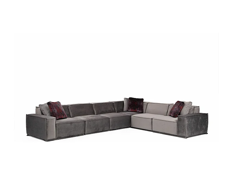 Canapé d'angle à droite 5 places modulable avec 4 coussins Buhaj Velours Gris