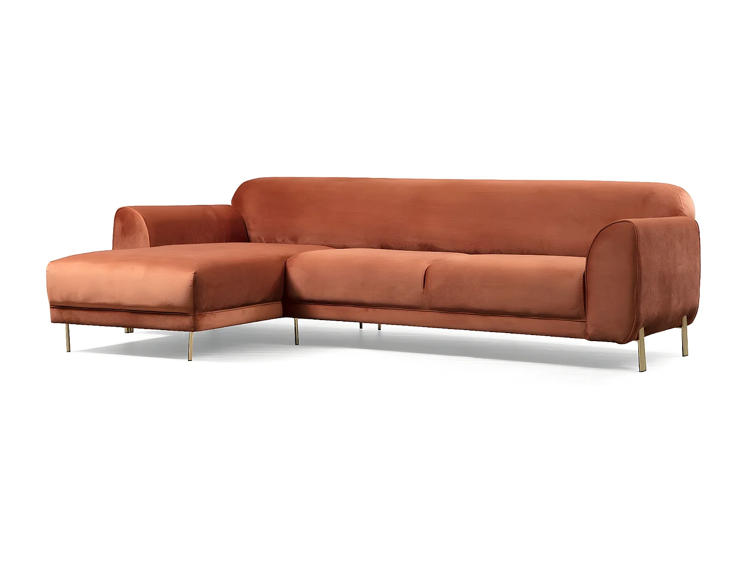 Liza design hoekbank links in oranje fluweel en goud stalen poten