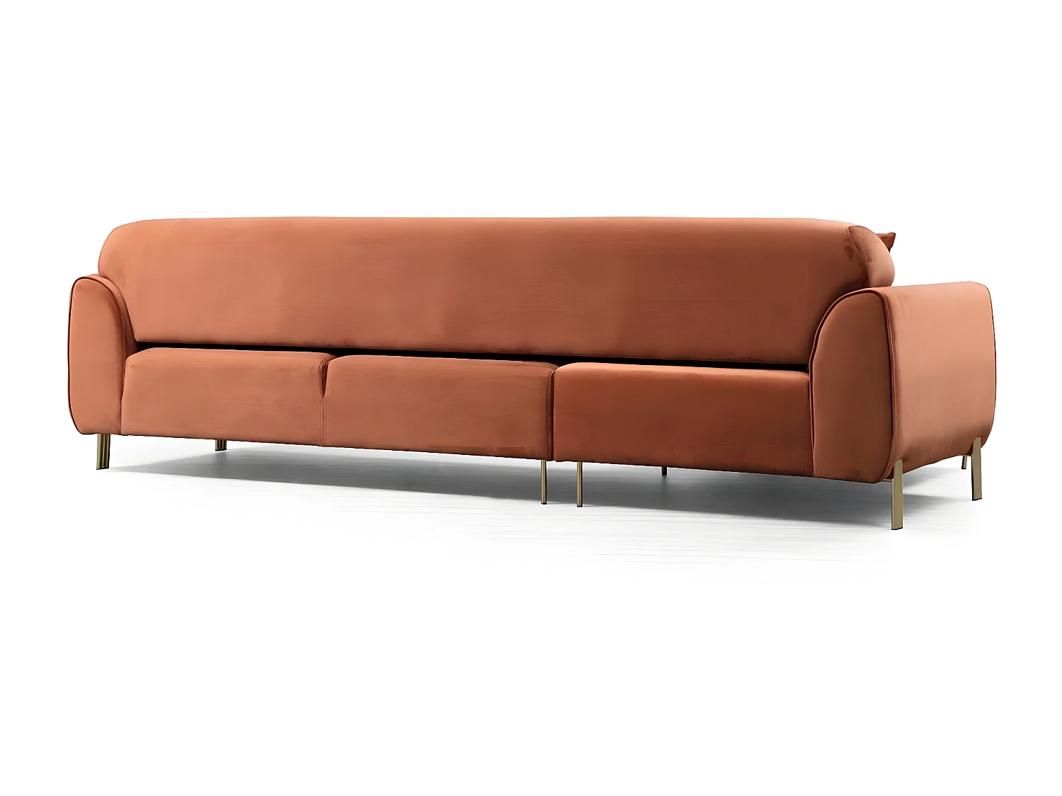 Liza design hoekbank links in oranje fluweel en goud stalen poten