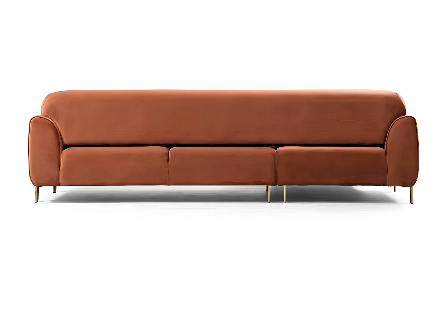 Liza design hoekbank links in oranje fluweel en goud stalen poten