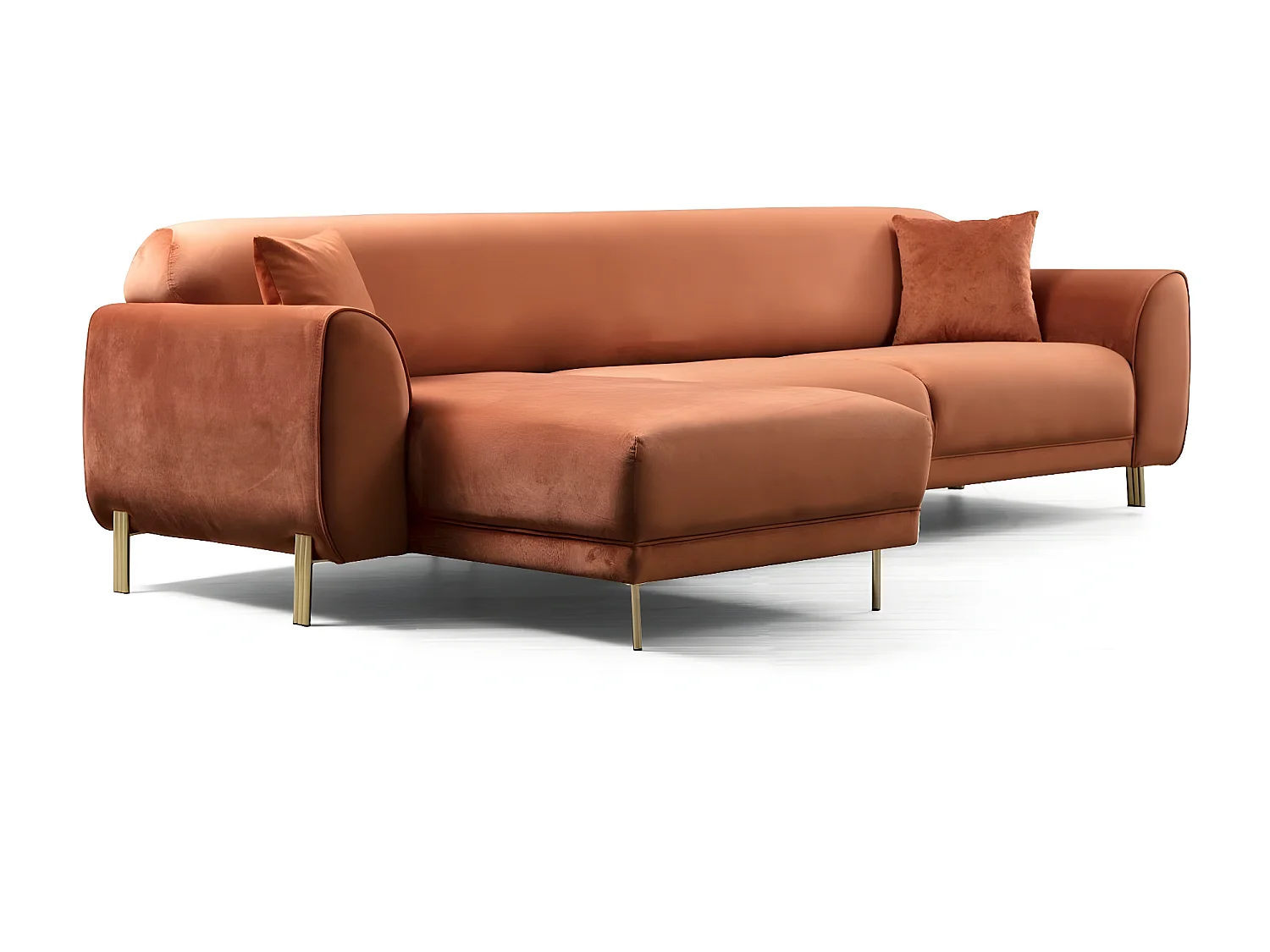 Liza design hoekbank links in oranje fluweel en goud stalen poten