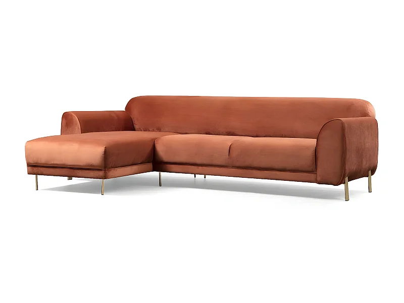 Liza design hoekbank links in oranje fluweel en goud stalen poten