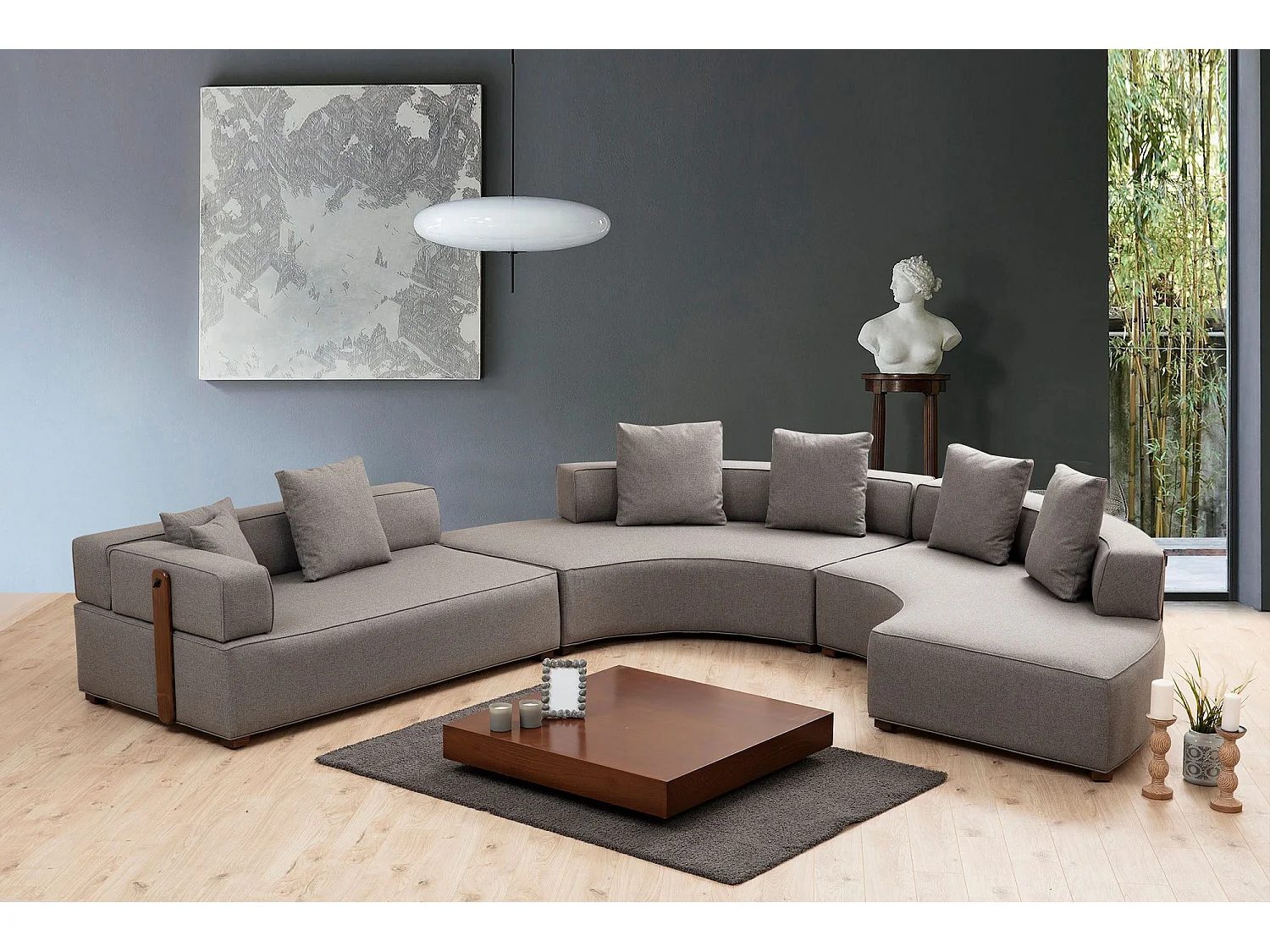 Canapé panoramique d'angle à gauche 6 places Tesce Bois foncé et Tissu Gris