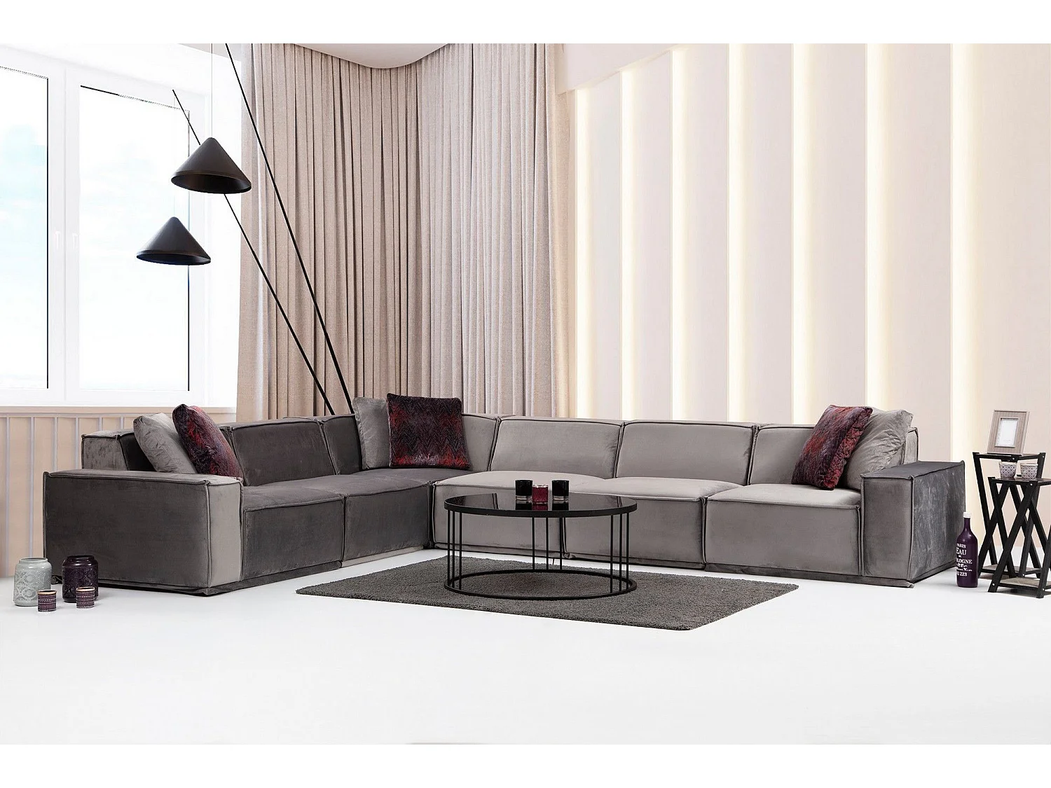 Canapé d'angle à gauche 5 places modulable avec 4 coussins Buhaj Velours Gris