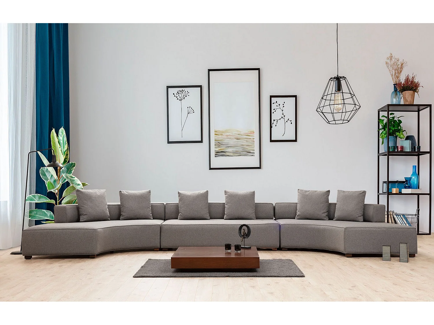 Canapé panoramique 6 places Tesce Bois foncé et Tissu Gris