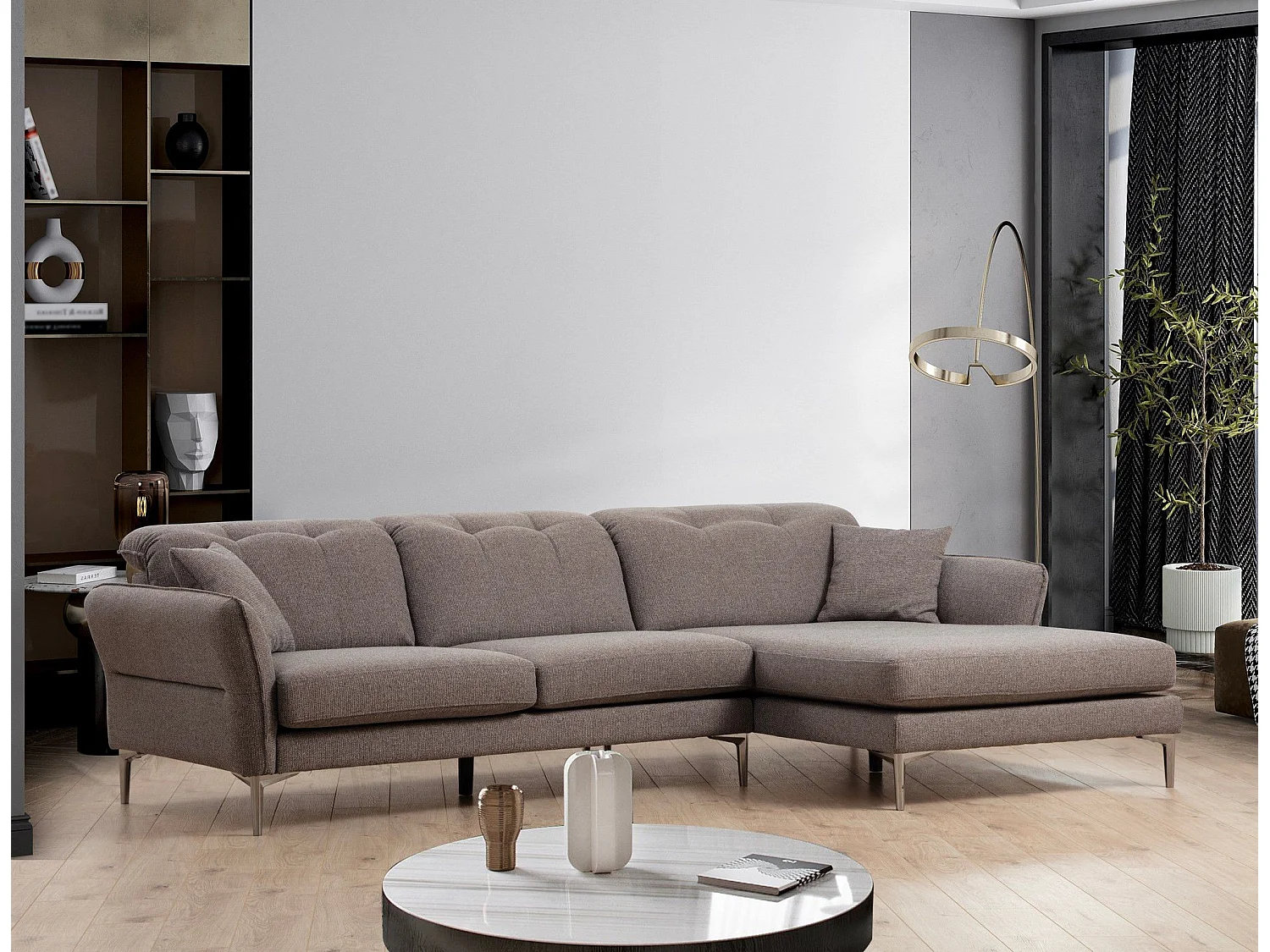 Canapé d'angle à droite avec 2 coussins Enyana Tissu Gris