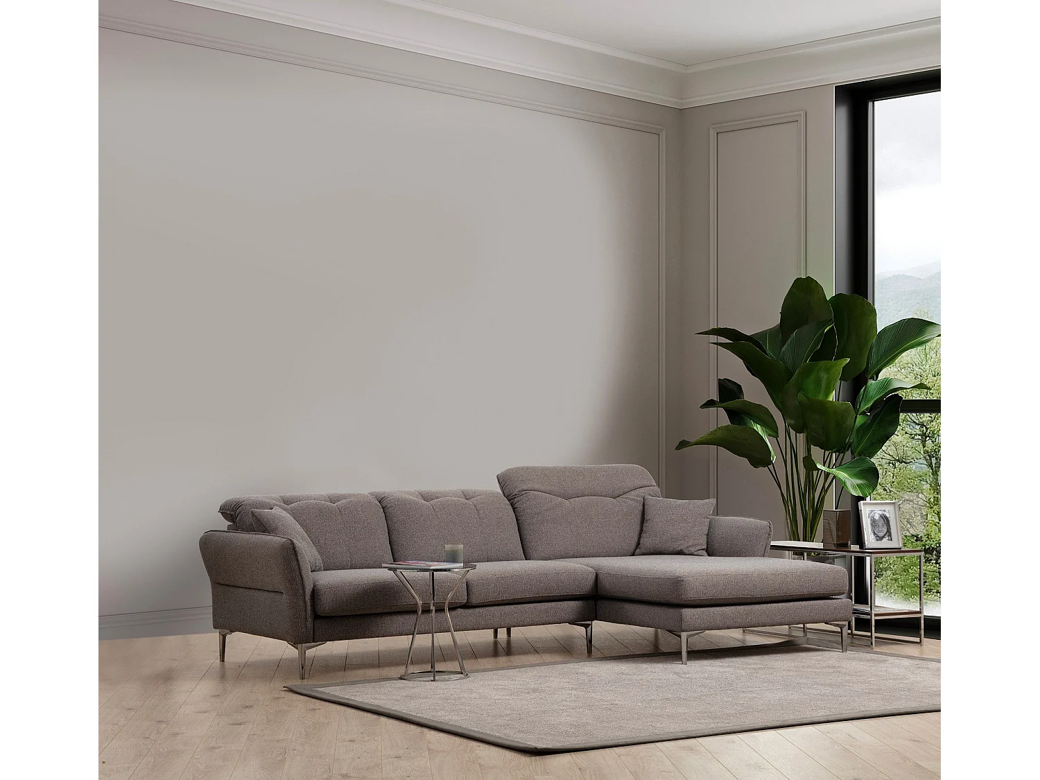 Canapé d'angle à droite avec 2 coussins Enyana Tissu Gris