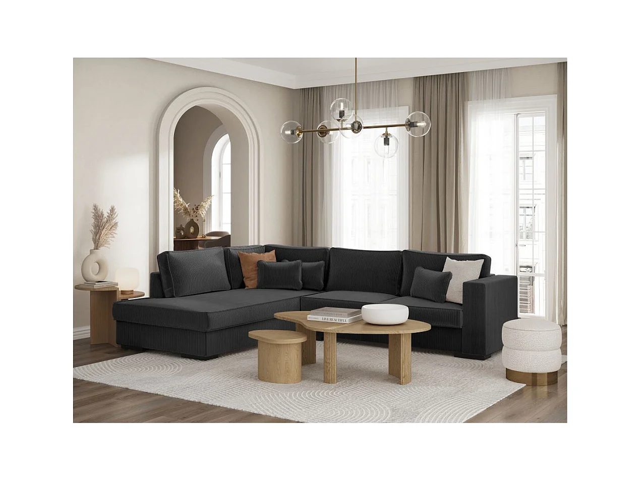 Canapé d'angle gauche Belami XXL 6 places en velours côtelé - Gris anthracite - L303 x P228 x H86cm - Loungitude
