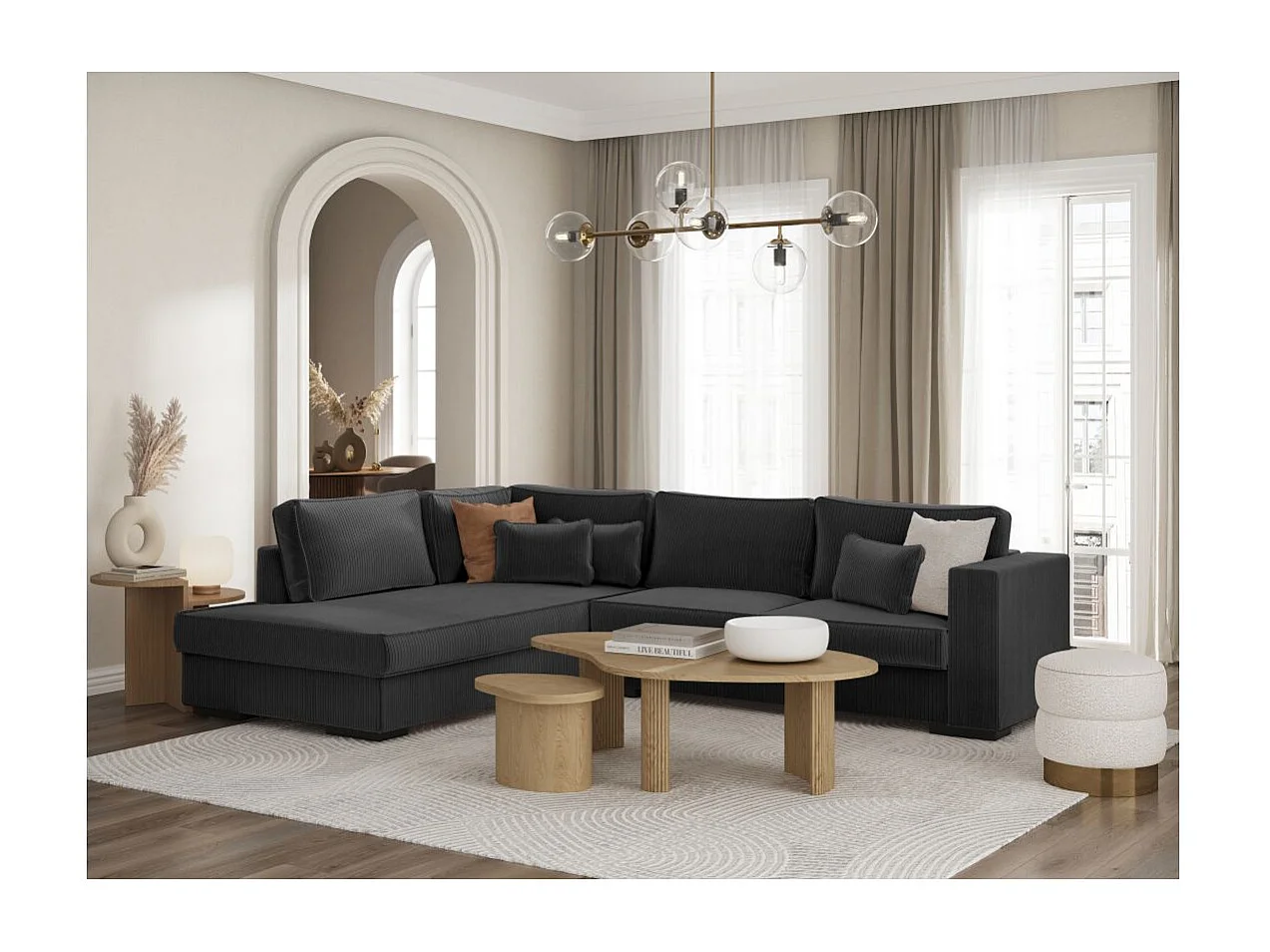 Canapé d'angle gauche Belami XXL 6 places en velours côtelé - Gris anthracite - L303 x P228 x H86cm - Loungitude