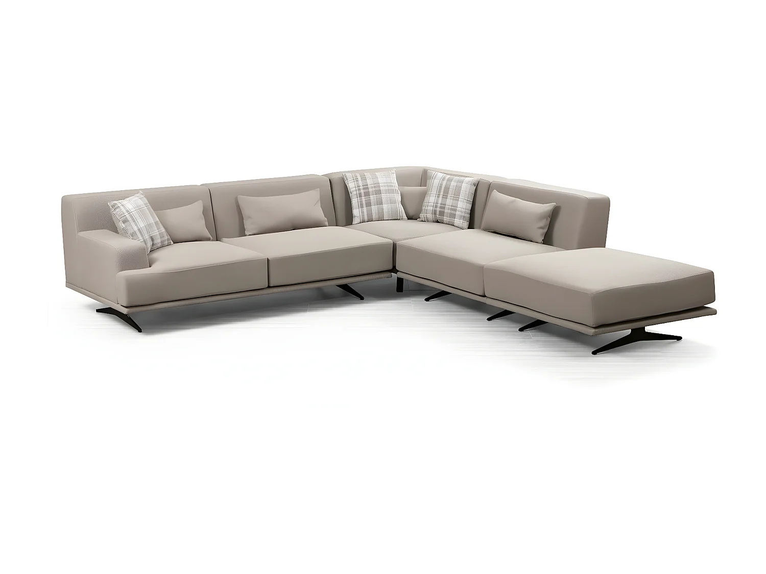 Canapé d'angle à droite avec pouf et 3 coussins Ravina Tissu Beige