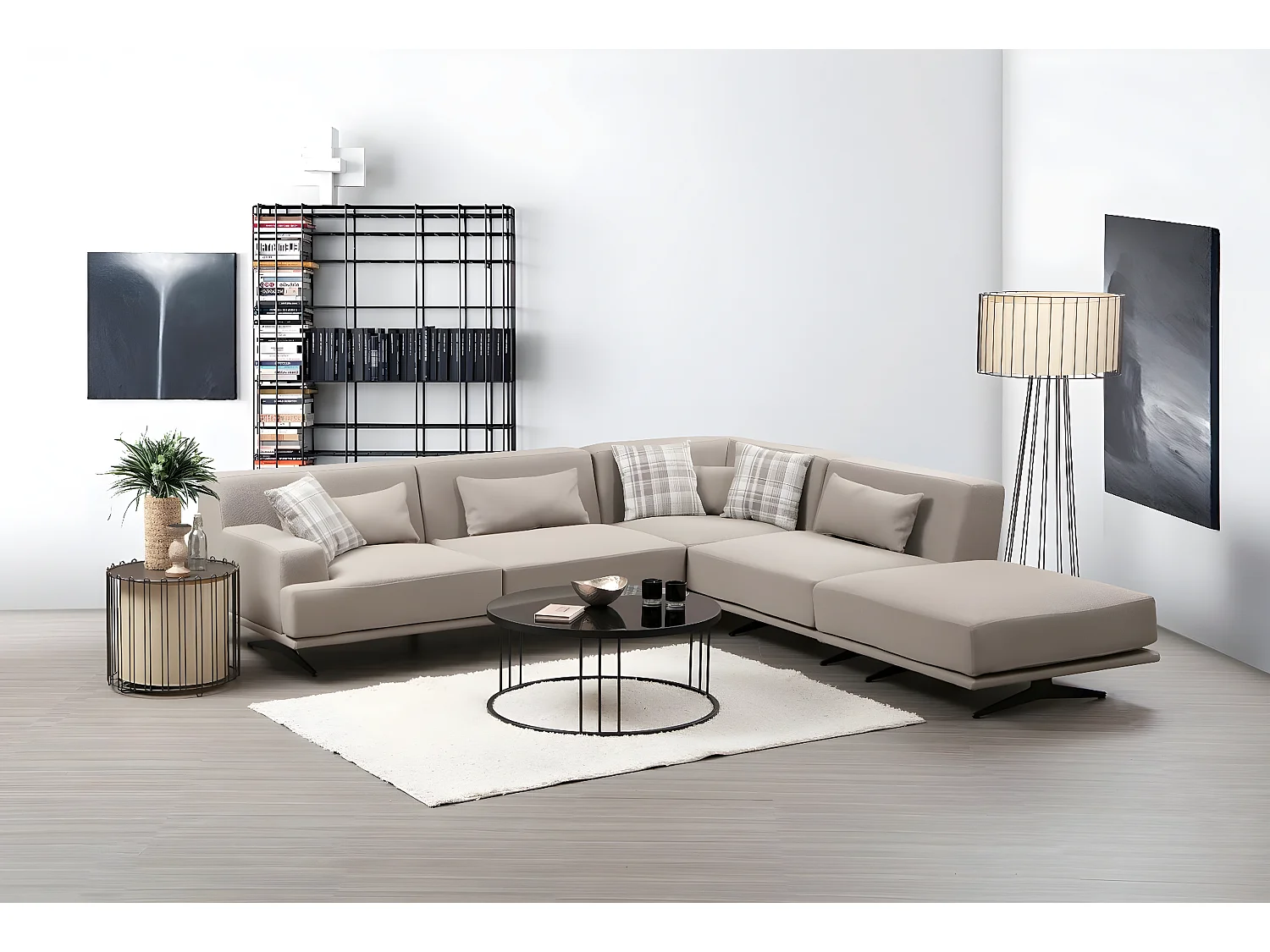 Canapé d'angle à droite avec pouf et 3 coussins Ravina Tissu Beige