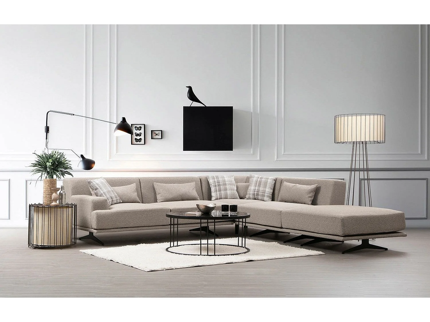 Canapé d'angle à droite avec pouf et 3 coussins Ravina Tissu Beige