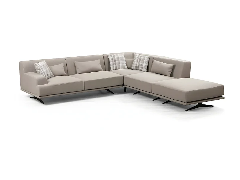 Canapé d'angle à droite avec pouf et 3 coussins Ravina Tissu Beige