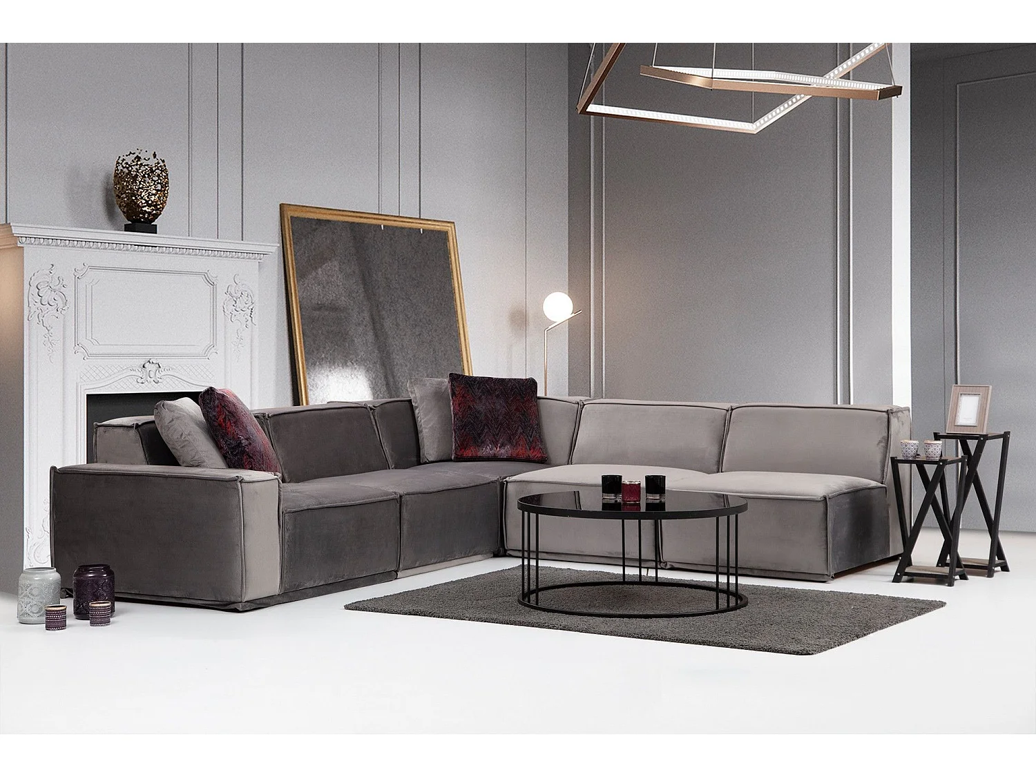 Kego grijze fluwelen modulaire hoekbank L 300 x D 276 cm-linkerhoek