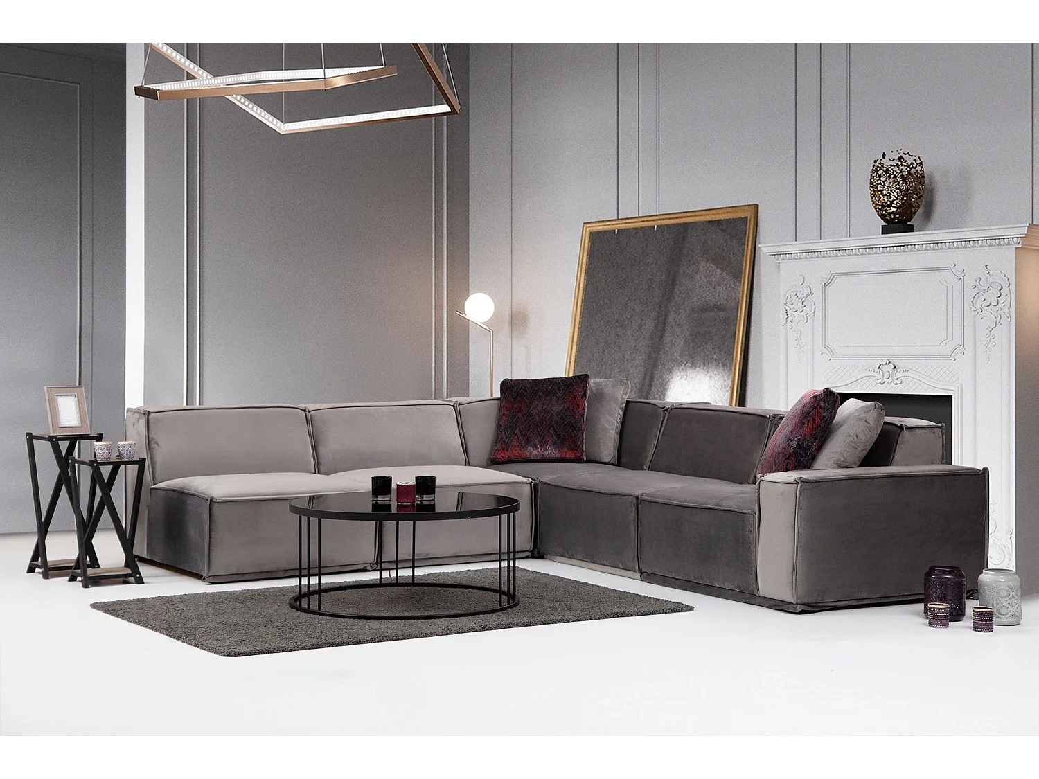 Canapé d'angle à gauche 4 places modulable avec 4 coussins Buhaj Velours Gris