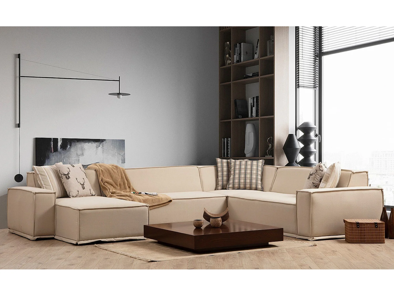 Canapé modulable avec méridienne à gauche et 2 coussins Buhaj Tissu Blanc crème