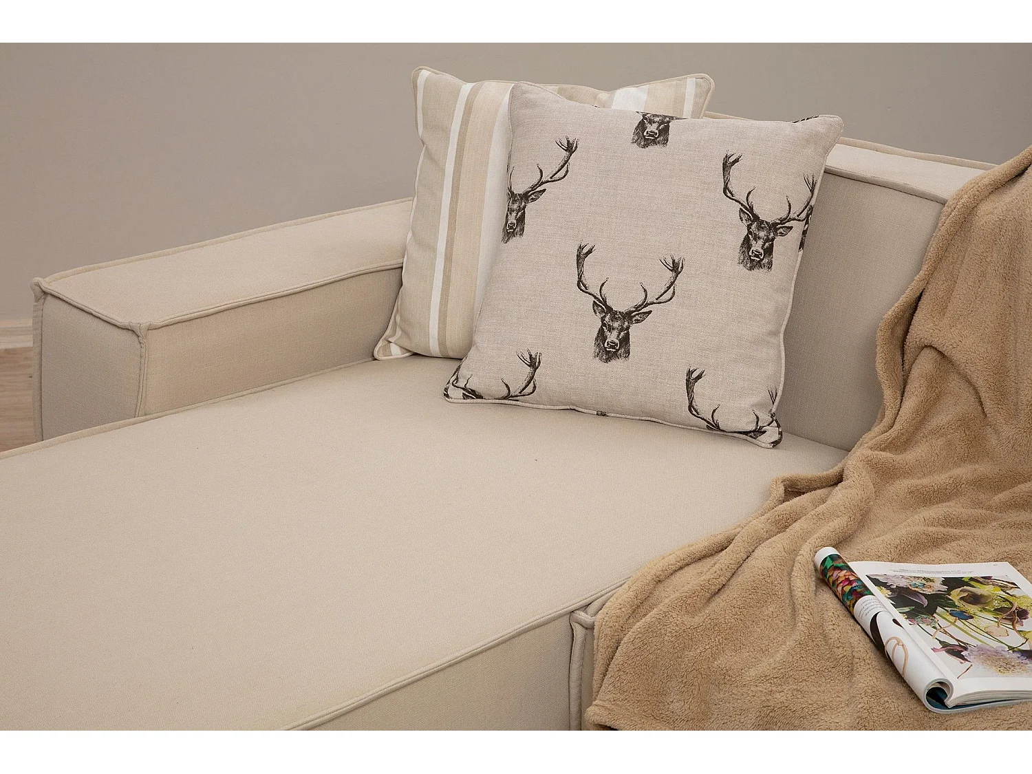 Canapé modulable avec méridienne à gauche et 2 coussins Buhaj Tissu Blanc crème