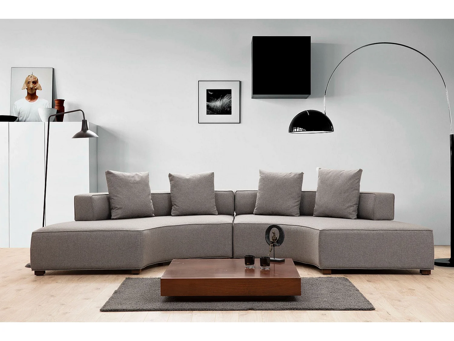 Sofá modular Altadena 446, Gris, 360x105x70cm, Tapiz, Patas: Madera