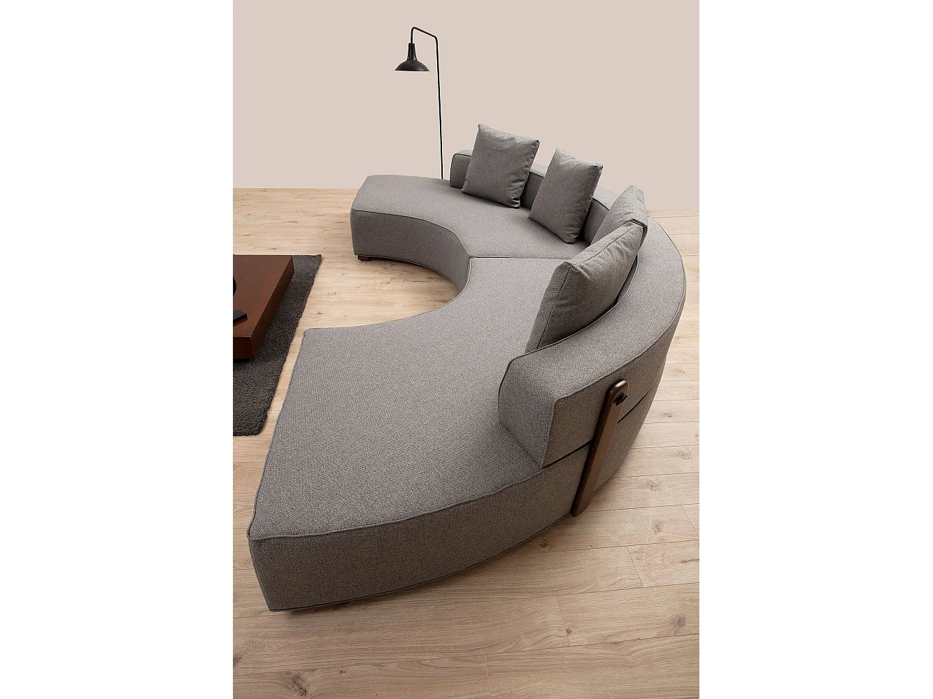 Canapé panoramique 4 places Tesce Bois foncé et Tissu Gris