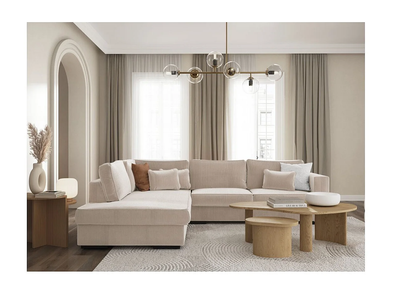 Canapé d'angle gauche Belami XXL 6 places en velours côtelé - Beige - L303 x P228 x H86cm - Loungitude