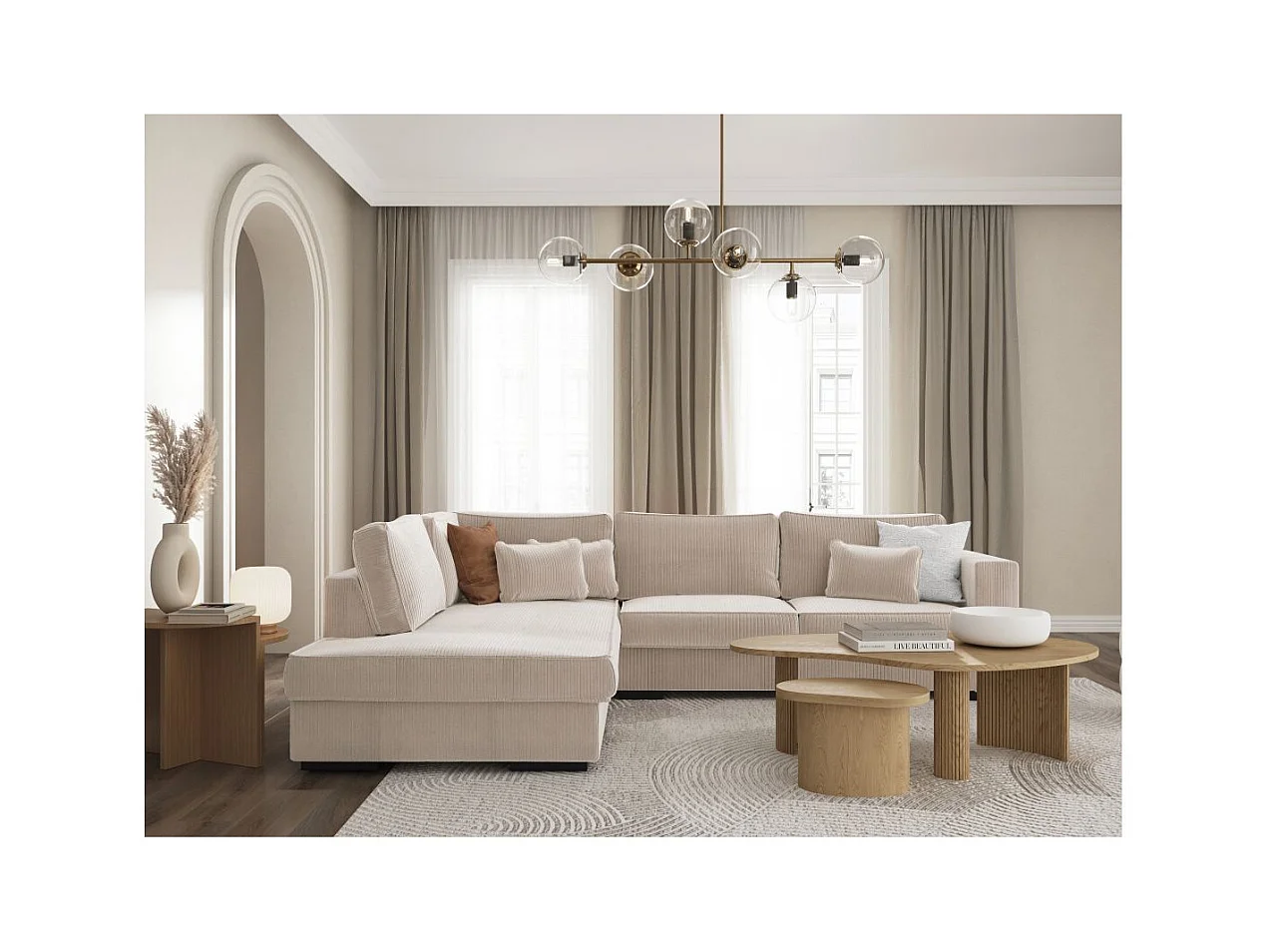 Canapé d'angle gauche Belami XXL 6 places en velours côtelé - Beige - L303 x P228 x H86cm - Loungitude