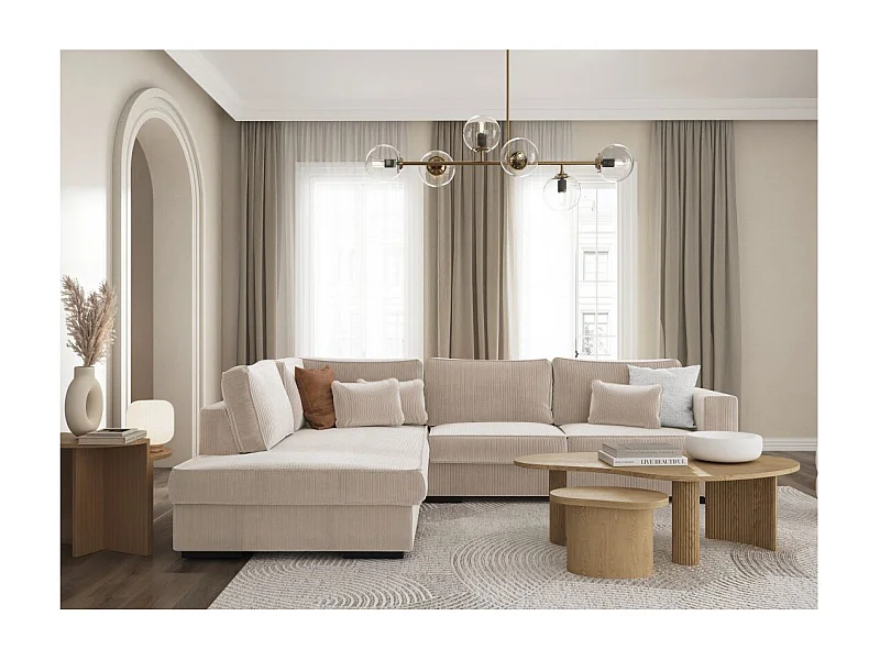 Canapé d'angle gauche Belami XXL 6 places en velours côtelé - Beige - L303 x P228 x H86cm - Loungitude