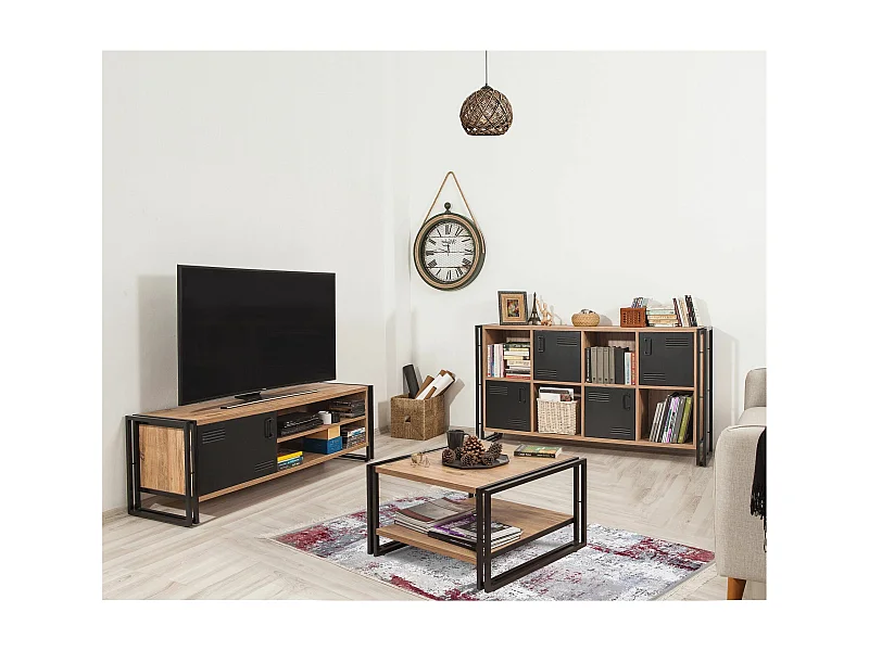 Ensemble meuble TV, table basse et buffet style industriel Senlid Métal Noir et Bois Naturel